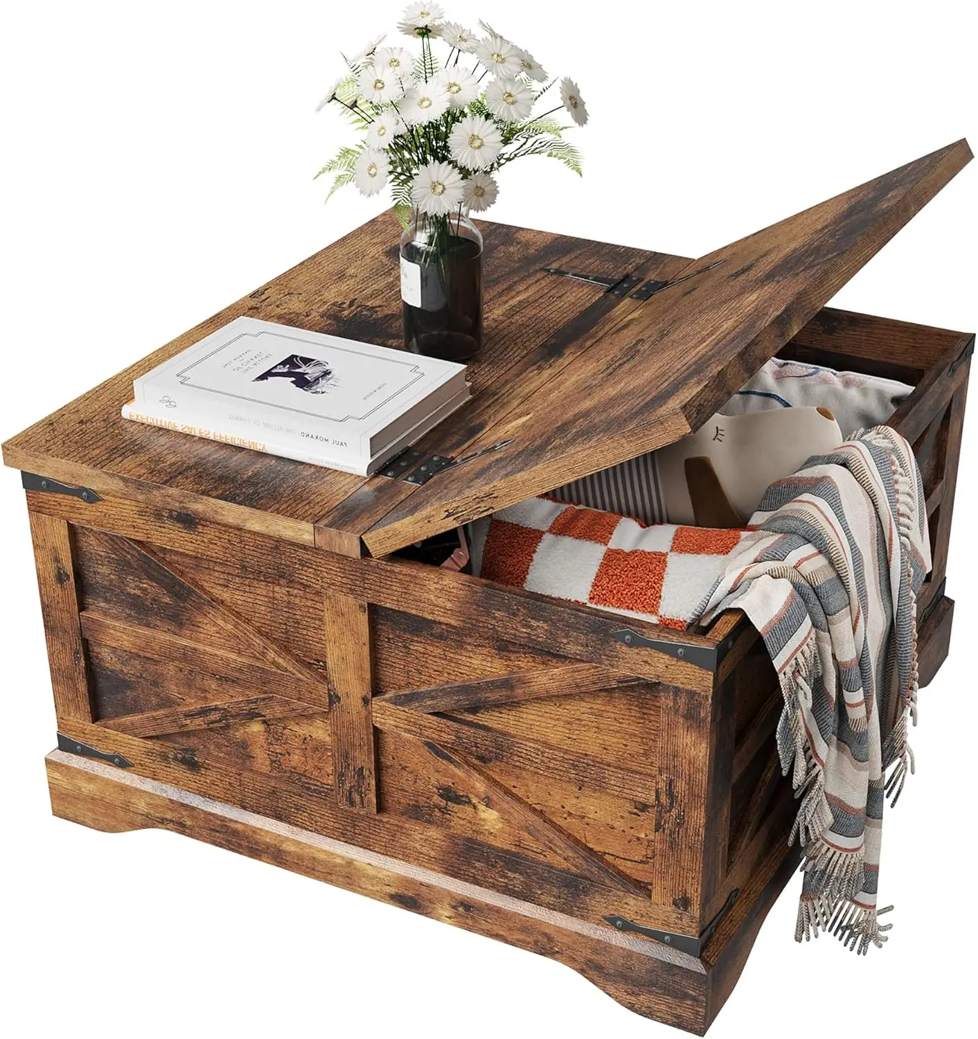 Farmhouse Coffee Table, Coffee Table With Hidden Storage Space, Wood Center Table With Two Hinged Lift Top, Square Rustic Table