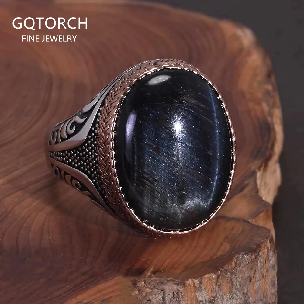 

925 Sterling Silver Natural Blue Tiger Eye Stone Signet Ring for Men Luxury Vintage Turkish Ring Handmade Niche Party Jewelry