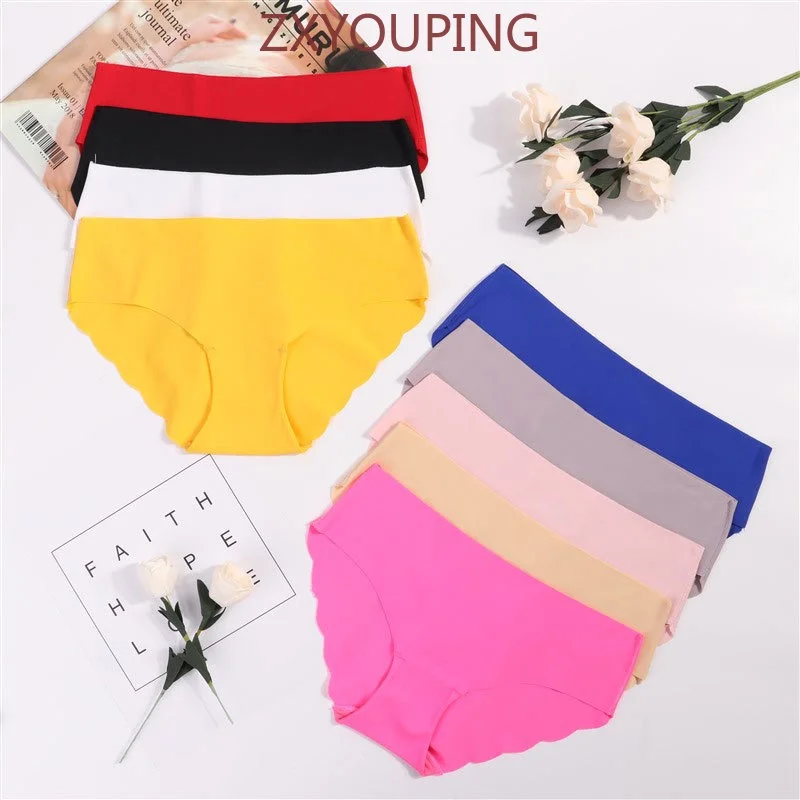 3PCS Women\'s Solid Comfortable Seamless Scallop Trim Bikini Panties Mid Low Waist Panties Women Soft Lingerie & Underwear