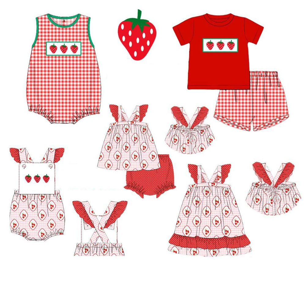 Valentine's Day Series Boys and girls clothes Short sleeve and small flying sleeve series suits pink strawberry graphic print