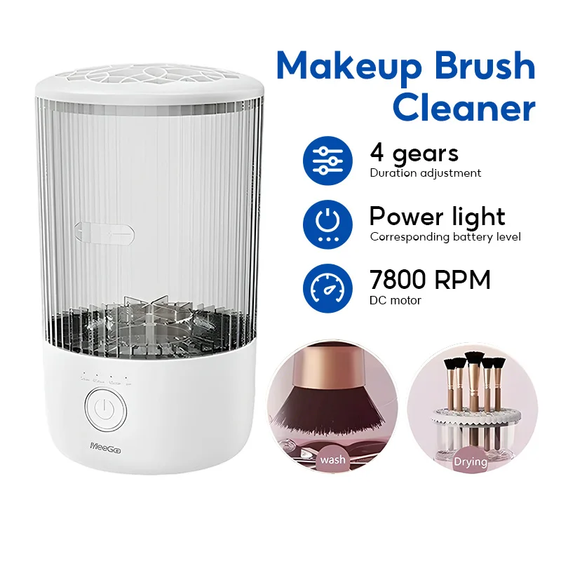 MEEGOO Electric Makeup Brush Cleaner, 7800RPM Motor, 4 Timing Modes, 1800mAh Battery, Auto Rotation, USB-C Charging, White