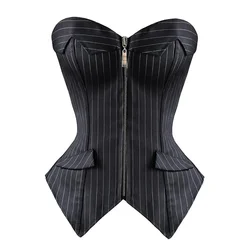 Sexy Black Striped Overbust Corset Office Lady Corselet Sexy Women Zip Corset Bustier Strapless Tops Outfit Plus Size 3XL-6XL