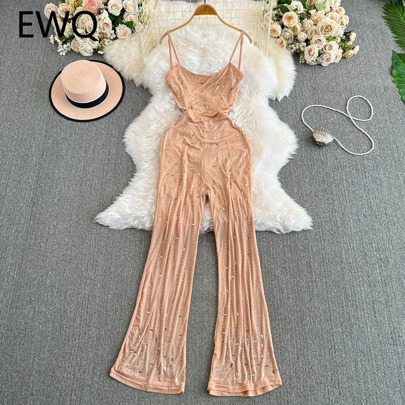 

EWQ Sexy Diamond Spliced Women's Jumpsuit Lace-up Backless Sleeveless Loose High Waist Fashion Clothing 2024 New 27X1254