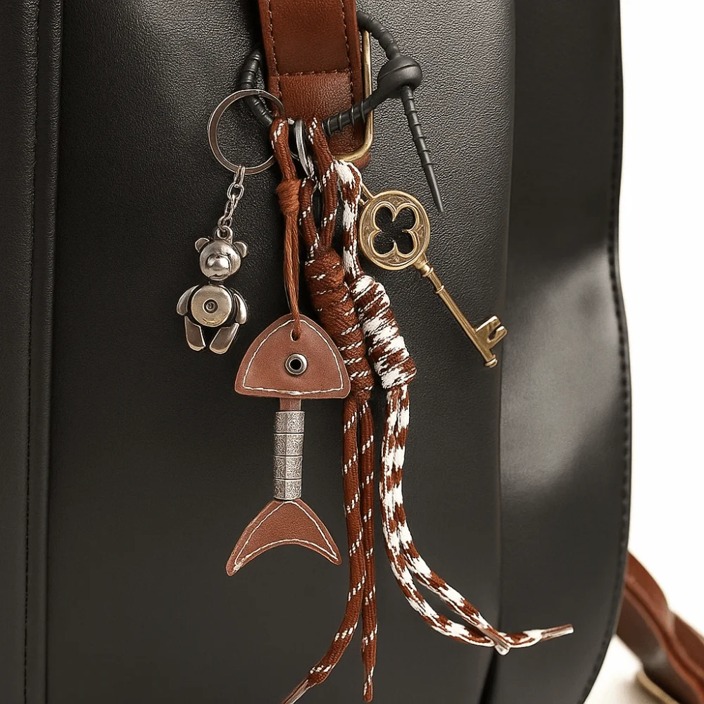 

PU Leather Leather Fishbone Keychain Handmade Anti-Lost Vintage Bear Key Pendant Girl Heart Y2K Woven Ropes Keyring Small Gifts