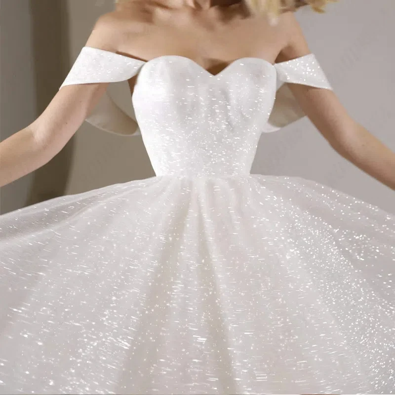 Mini trouwjurken voor dames sprankelende tule a-lijn vestidos de novia prinssa lieverd off-shoulder bruidfeest - afbeelding 2