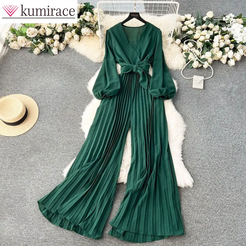 

Bubble sleeve dress 2024 spring new style temperament lace up waist cinching long pleated wide leg pants new in matching sets