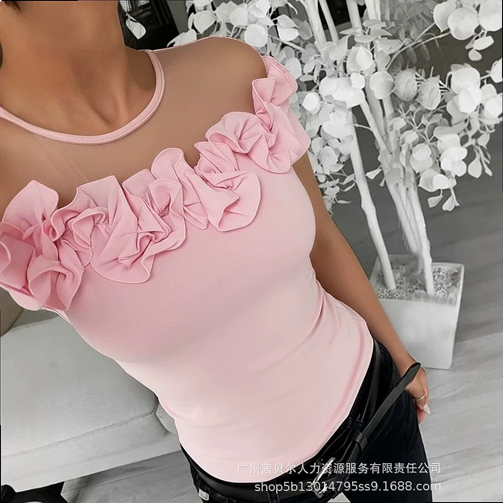 LZR20162 2026 summer short-sleeved mesh stitching three-dimensional flower slim-fit top 2