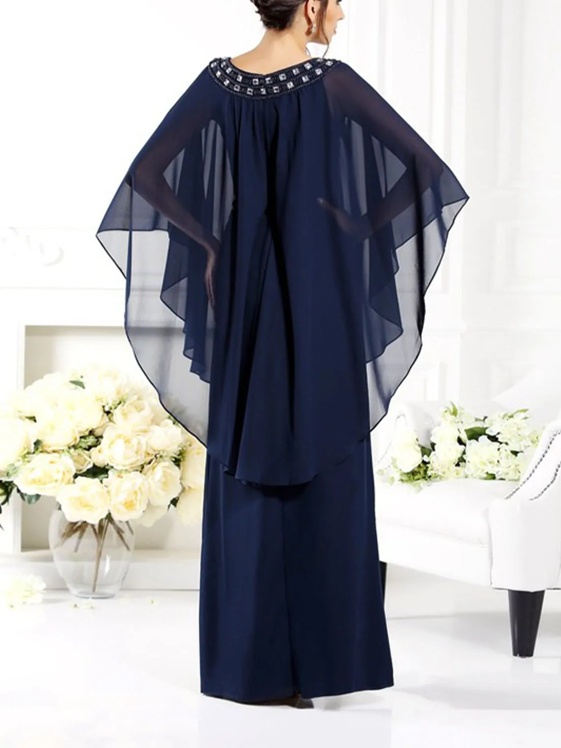 Gaun Ibu Pengantin Wanita Model A-Line Elegan Bahan Sifon Payet Kerah Bulat Lengan 3/4 Panjang Menyentuh Lantai 2025 dapat dipesan sesuai keinginan