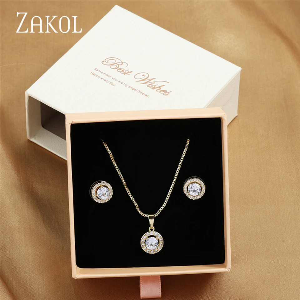 ZAKOL Fashion Cute Clear Round AAA Zircon Earrings Necklace Set Charm Jewelry Set Gift With Packaging Box