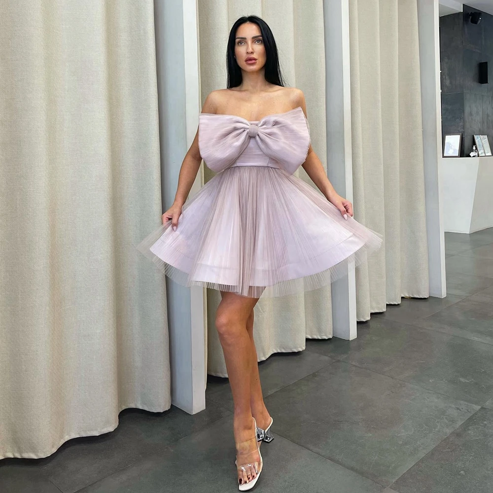 

Cute Big Bow Mesh Women Summer Dress Pretty Strapless Ruffles Tulle Prom Party Dresses Mini Length Puffy Female Brithday Gowns