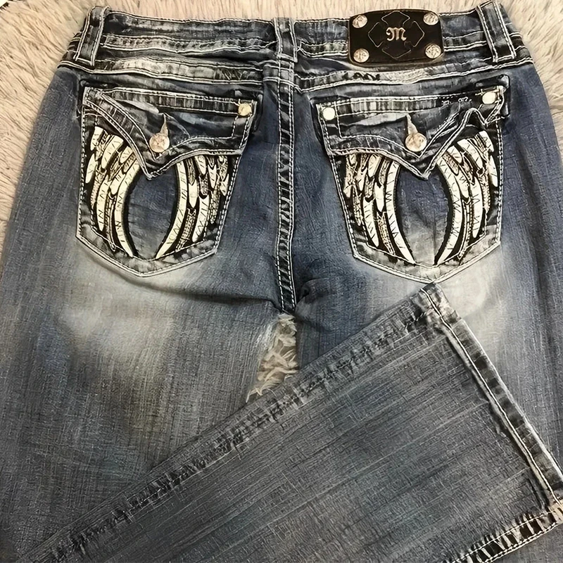 90s جينز عتيق للسيدات Y2K جينز أزرق جديد مطرز بجيب على الجناح الهيب هوب Harajuku سراويل واسعة على الطراز القوطي ملابس خروج نسائية #2