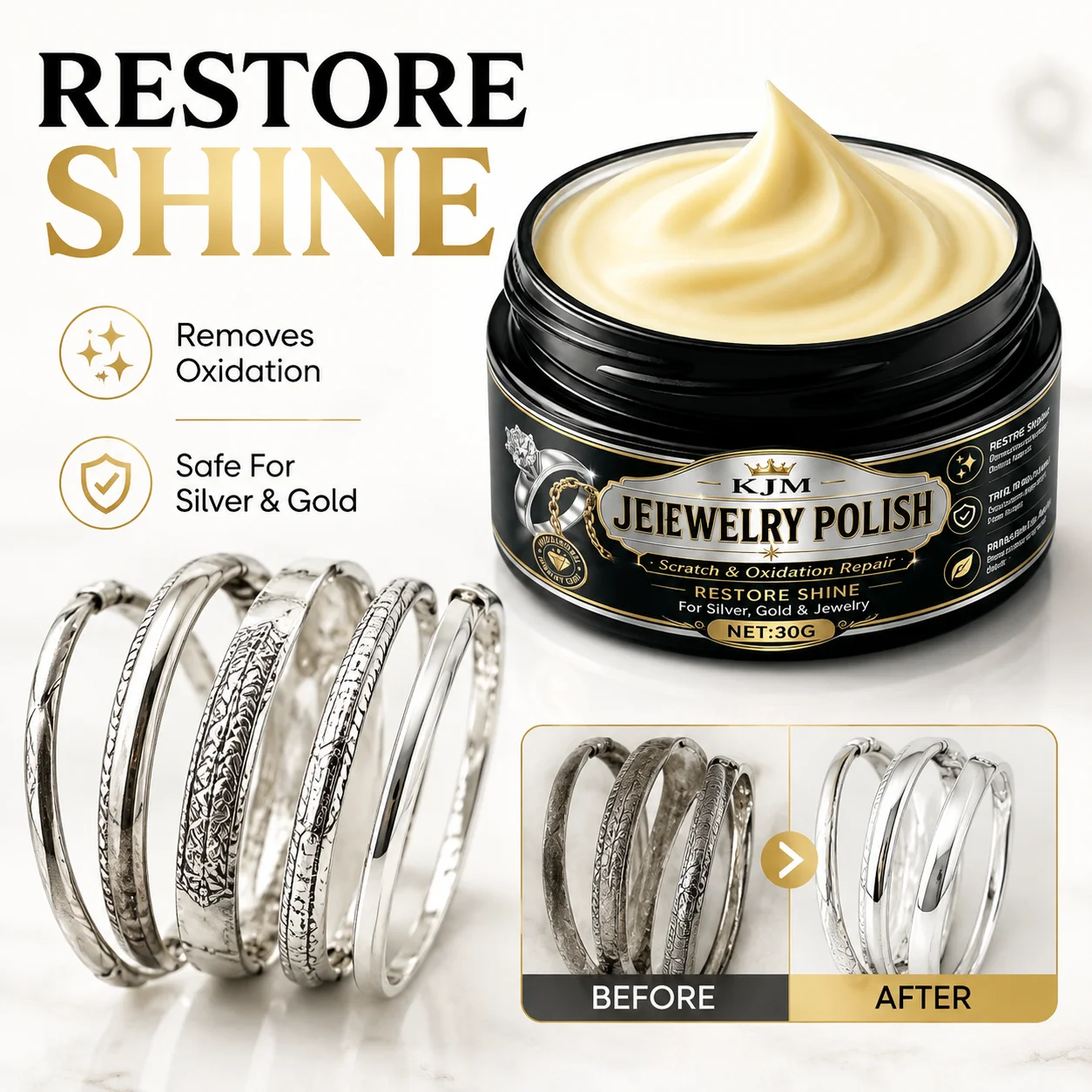 KJM Jewelry Polishing Cream For Silver Platinum Tarnish Remover Sonic Machine Safe Shine Restorer Gentle Care