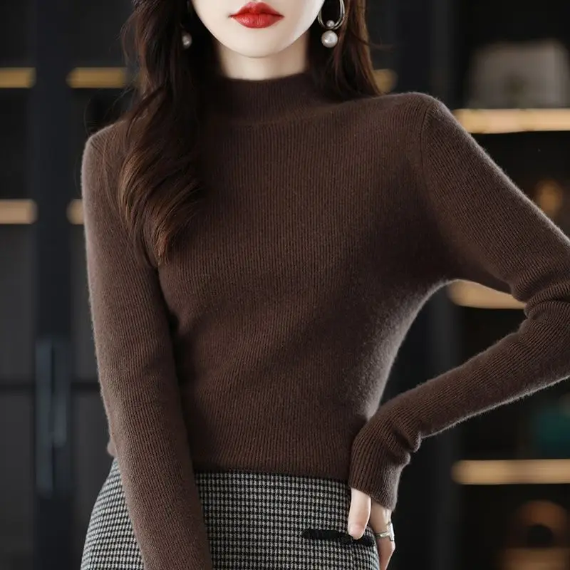 Autumn Winter Half Turtleneck Sweater Women Clothing Trends Knitted Pullover Korean Fashion Long Sleeve Warm Bottom Shirt Solid