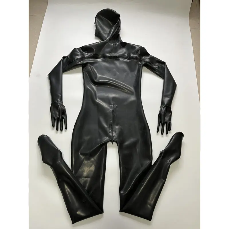 100% natural latex black hooded cat suit with socks and gloves, sportswear, back horizontal zipper, handmade customization