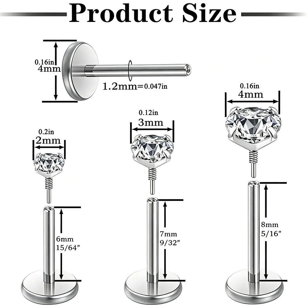 Lip/Nose/Ear Piercing Kit-Extended Thread Flat Back Zircon Studs Lip Ring With Needle Clamp Gloves Tragus Helix Piercing Kit