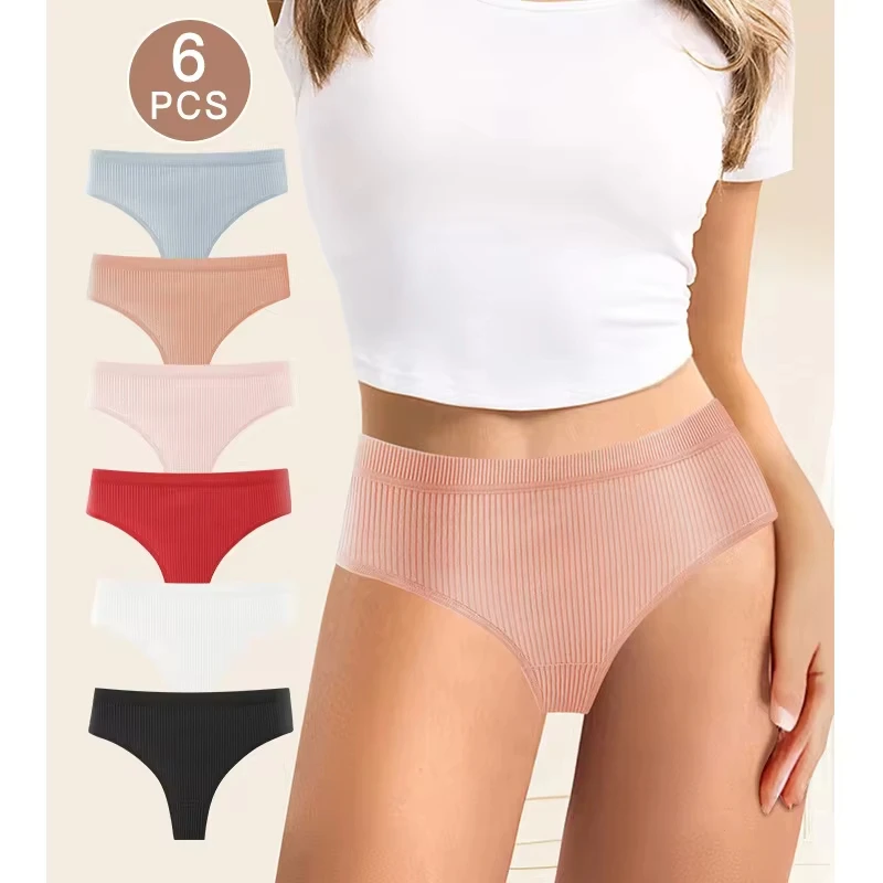 

New 6pcs Women's Sexy Thong Panties Seamless European American Style Low Rise Striped Cotton Briefs Women Underwear
