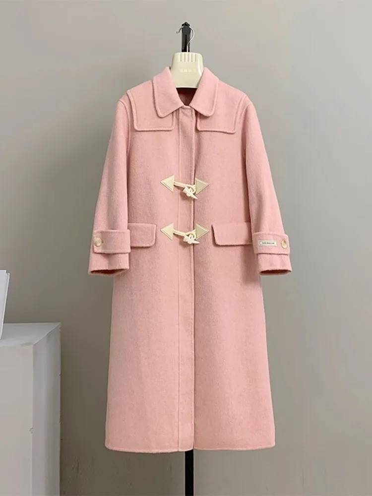 Autumn Winter Women Vintage Horn Button Double Faced Wool Coat Long Wool Blends Fashion Loose Fit Thick Windbreaker Trench Coat