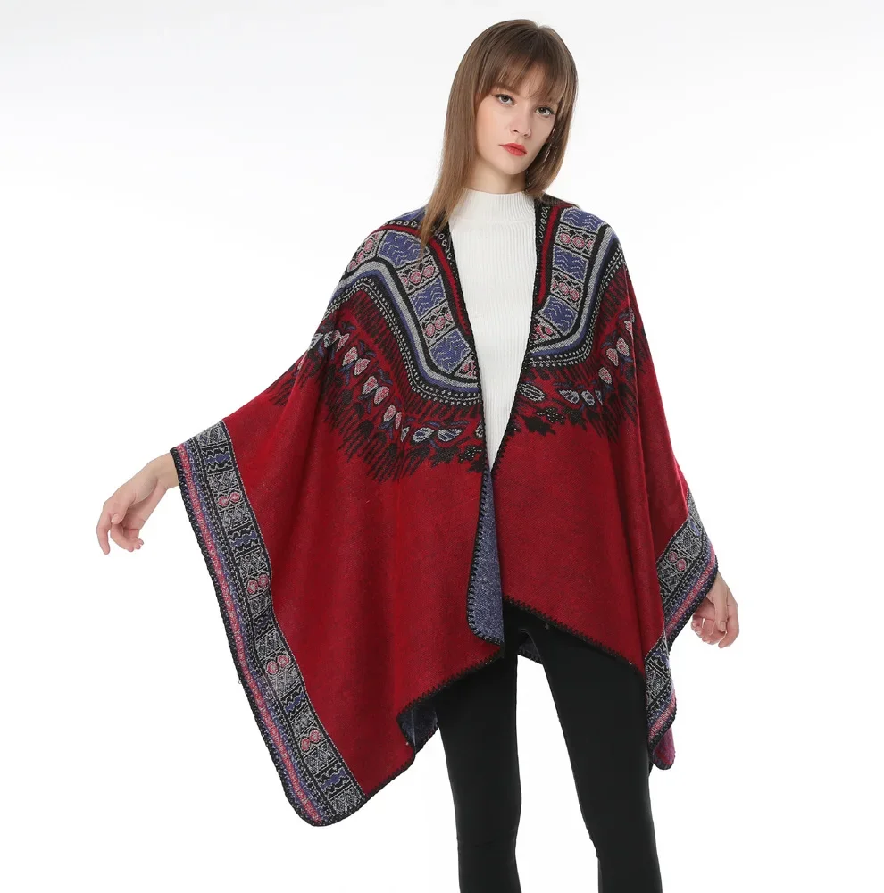 Spring Autumn Tourism Photography Cashmere Totem Print Shawl National Style Women Poncho Lady Capes Coffee Cloaks