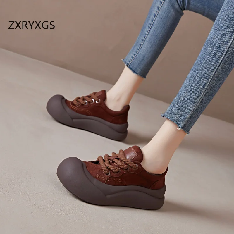 ZXRYXGS 2024 Cross Strap Round Toe Real Leather Vulcanized Shoes Woman Sneakers Thick Soles Heightening Shoes Trend Sneakers