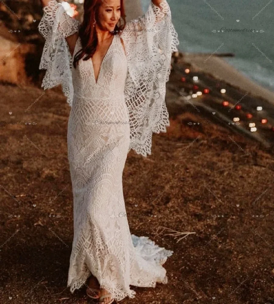 Charming Bohemian Wedding Dress 2026 Full Lace Flare Sleeve Boho Bridal Dress Elegant Country Garden Beach Bride Dress Celtic