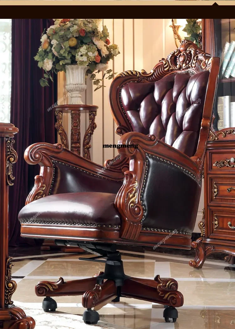 

Best seller European style solid wood office computer chair leather American retro boss swivel chair study home villa back chair