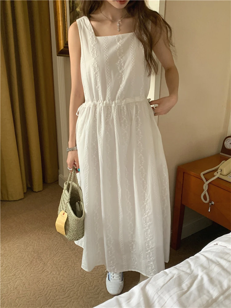 DR10397 New 2024 Floral Sleeveless High Waist Vintage Lace Up Korean Fashion Elegant Wild Lady Women Spring Summer Long Dress