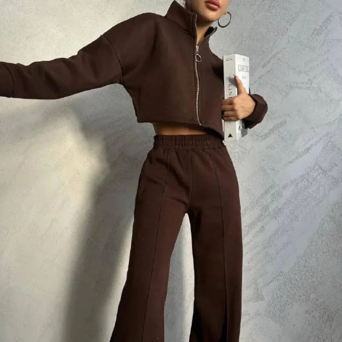 Women Autumn Winter Zipper Pant Sets Stand Collar Coats Tops Two Piece Sets Full Sleeve Matching Sets Straight Long Pants Set