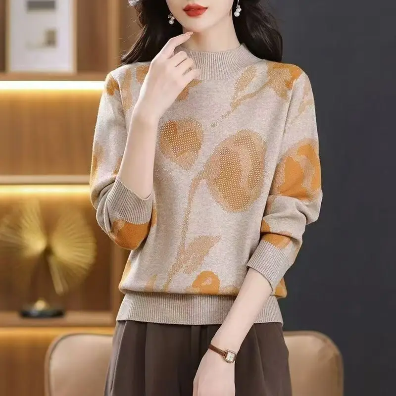 Autumn Winter New Sweater Female Half Height Collar Thick Warm Loose Pullover Top Tee Women Jacquard Knitting Bottoming Shirt