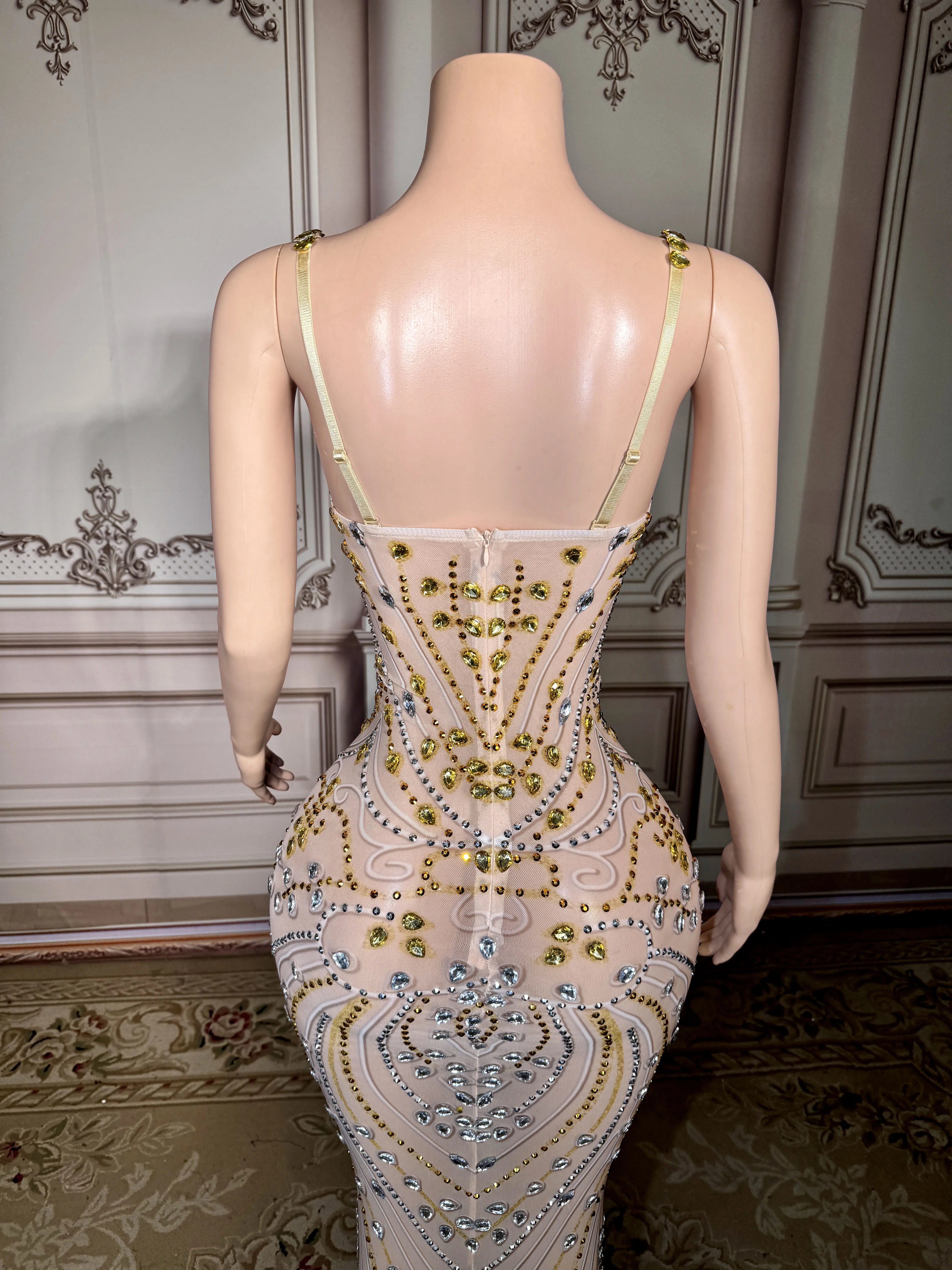 ZD Strass Langes einteiliges Maxikleid Glamour Sheer Pailletten Partykleider Prominente Outfits Clubwear