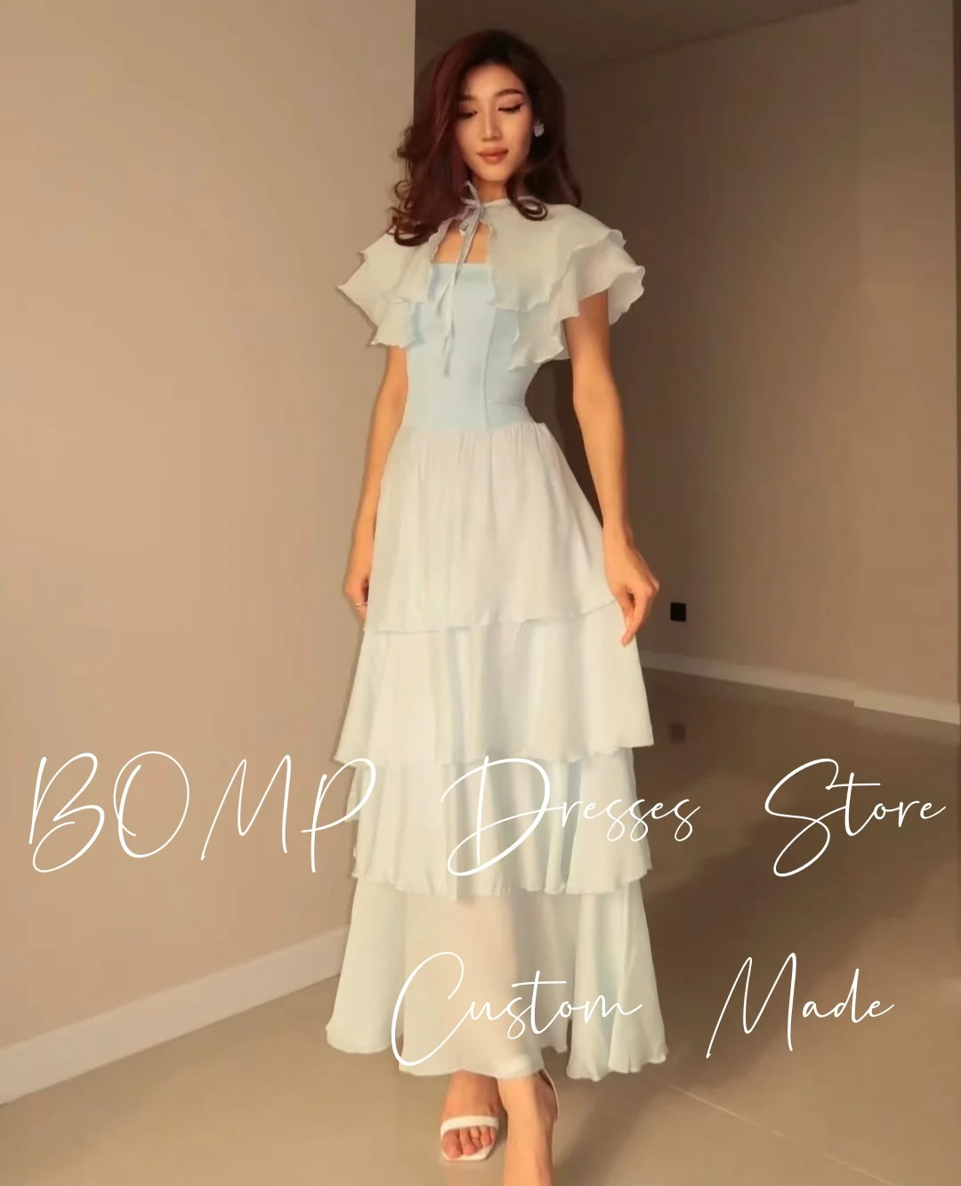 BOMP – robe de soirée de mariage bleue élégante, col rond, manches courtes, multicouches, longueur au sol, en mousseline de soie, personnalisée, Simple