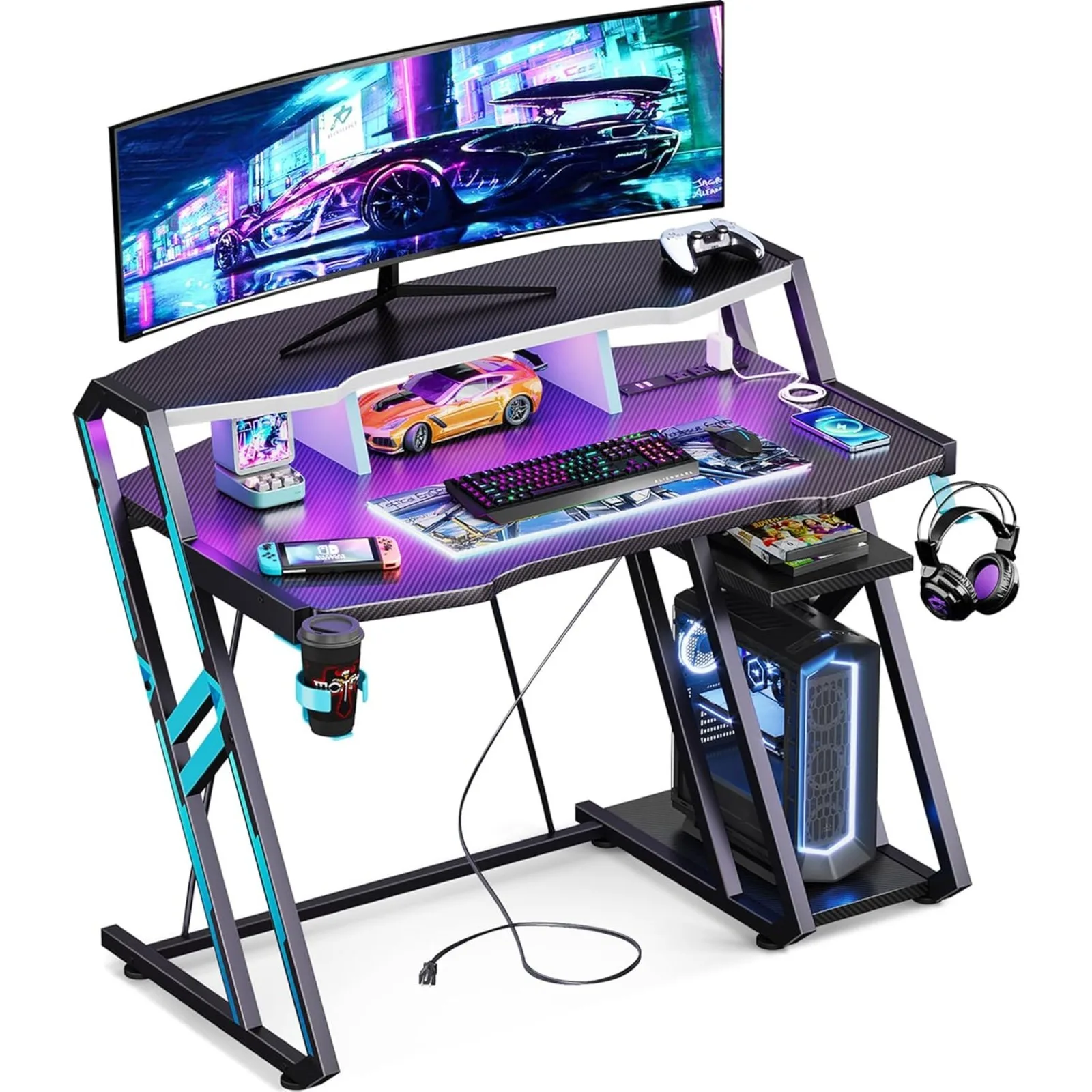 

US Gaming Desk with Power Outlet & LED Lights, Gaming Computer Desk 39inch with PC Storage Shelf, Gaming Table with Carbon