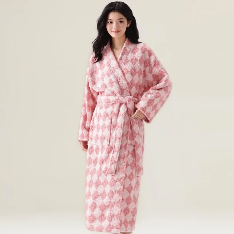 

Women Warm Flannel Robes Autumn Winter Loungewear Female Plaid Sleepwear Lady Casual Striped Bathrobe Coral Fleece Nightwear