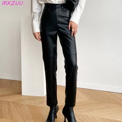 100% Genuine Leather Pants Women Simple High Waist Oblique Pocket Long Straight Leg Pants Sheepskin Slim Casual Calças Femininas