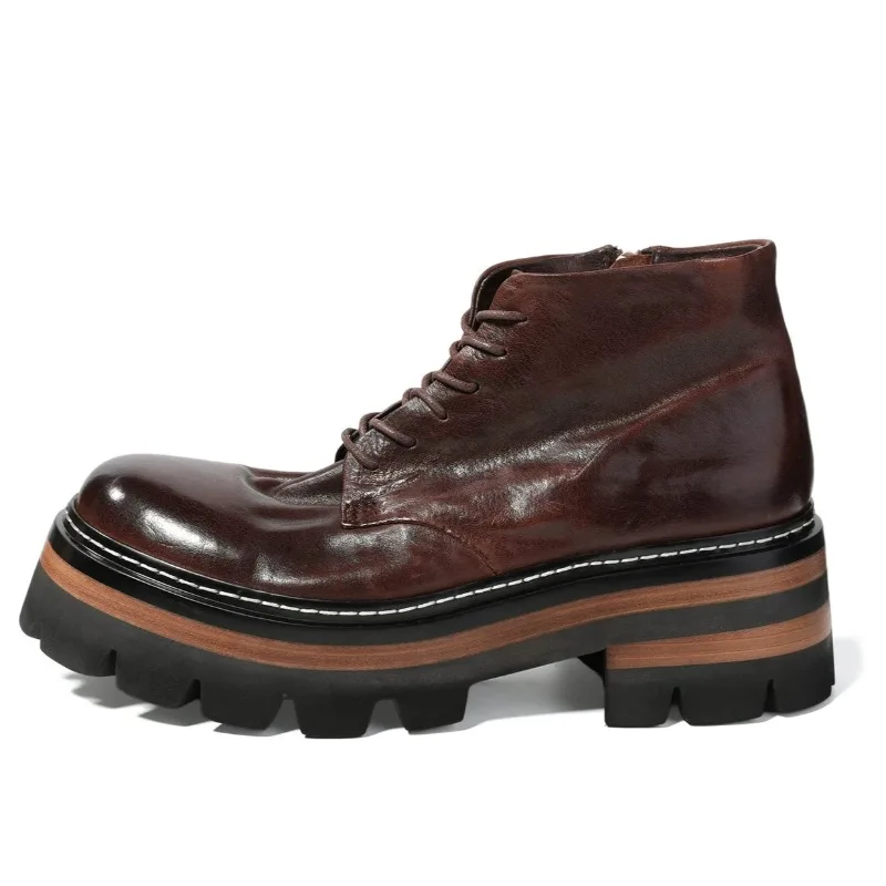 British Style Height Increasing Thick Sole Platform Lace-up Ankle Boots Men's Handmade Genuine Leather Side Zipper Chelsea Boots