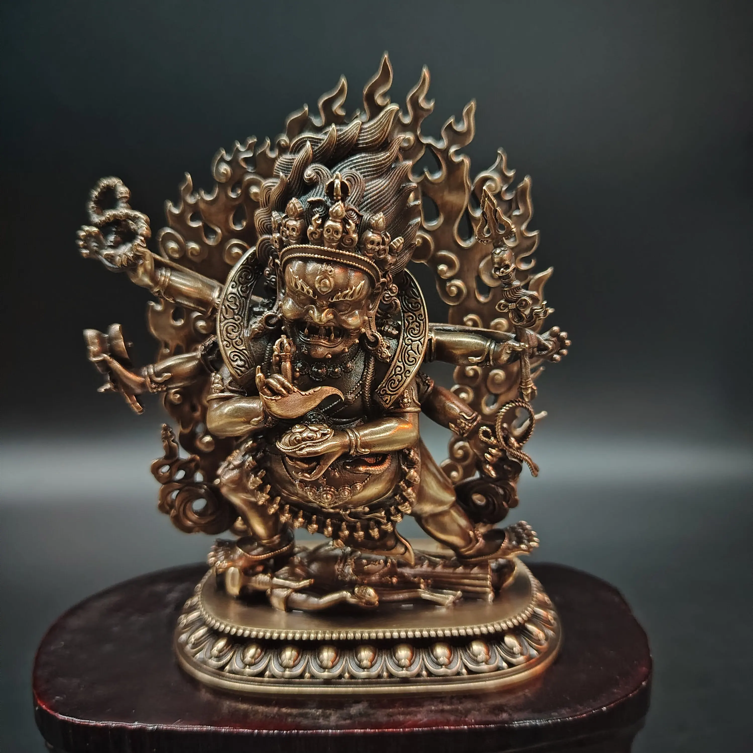 Nepal Craft Tibetan Pure Antique Copper Six-Armed Mahakala Protector Statue 12cm Home Desktop Car Blessing