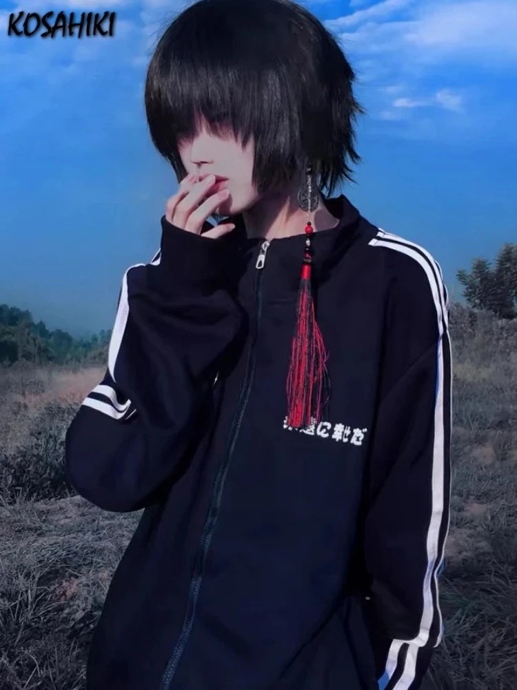 Sudadera con capucha informal japonesa con cuello levantado para hombre y mujer, ropa de calle con estampado de letras y cremallera Grunge, sudadera holgada estética Y2k de retazos