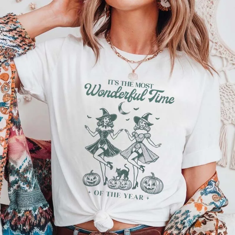 T-shirt di Halloween a maniche corte Basic Cartoon Strega Zucca Stampa carina Girocollo T-shirt da donna Stile casual Top regolare