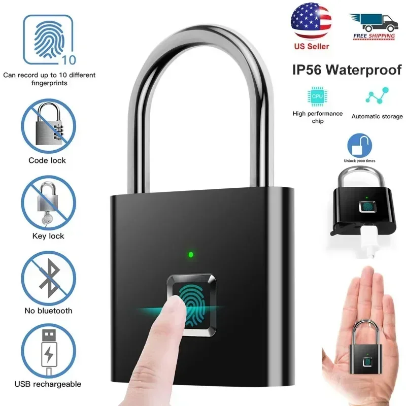 Waterproof Smart Fingerprint Door Lock Keyless Padlock Security USB Rechargeable