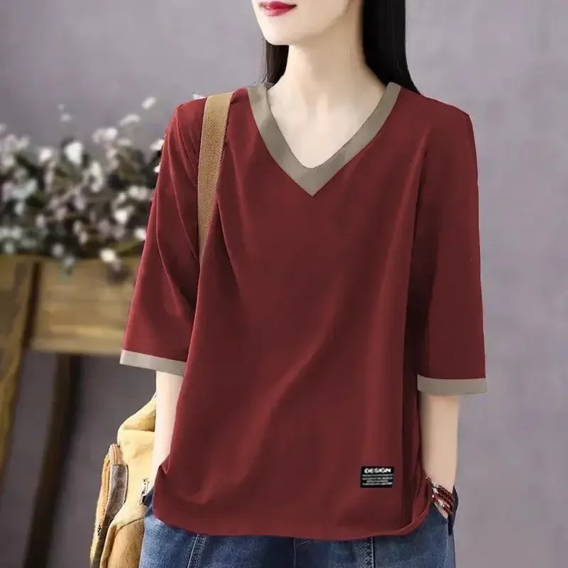 Fashionable Color-blocking V-neck Mid-sleeved T-shirt Women Summer Large Size Loose Slimming Versatile Five-point Sleeve Top