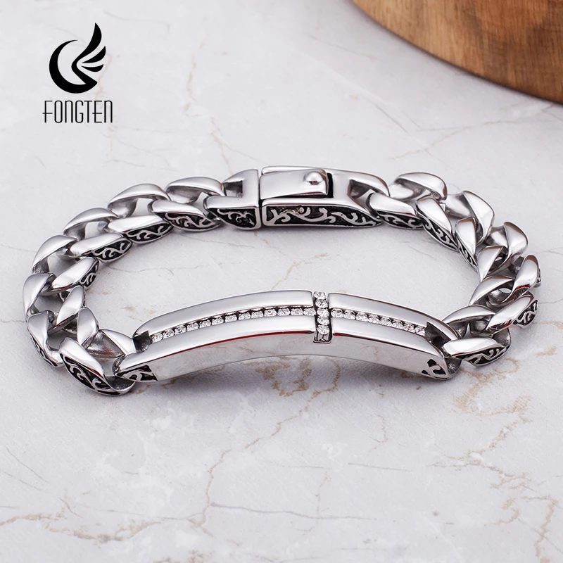 Fongten 22cm Cross Zircon Bracelet For Men Stainless Steel Cuban Chain Charm Male Bangle Bracelets Silver Color Curb Jewelry