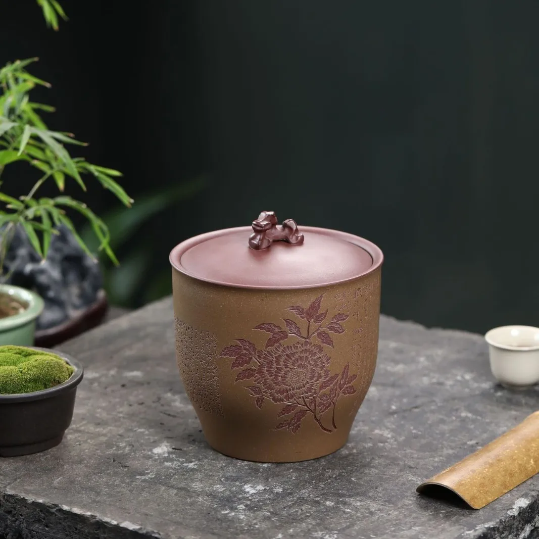 

[Spring River Flower Moonlight Night] Clay Tea Canister, Hand-Carved From Original Ore Purple Clay, Household Sealed Storage