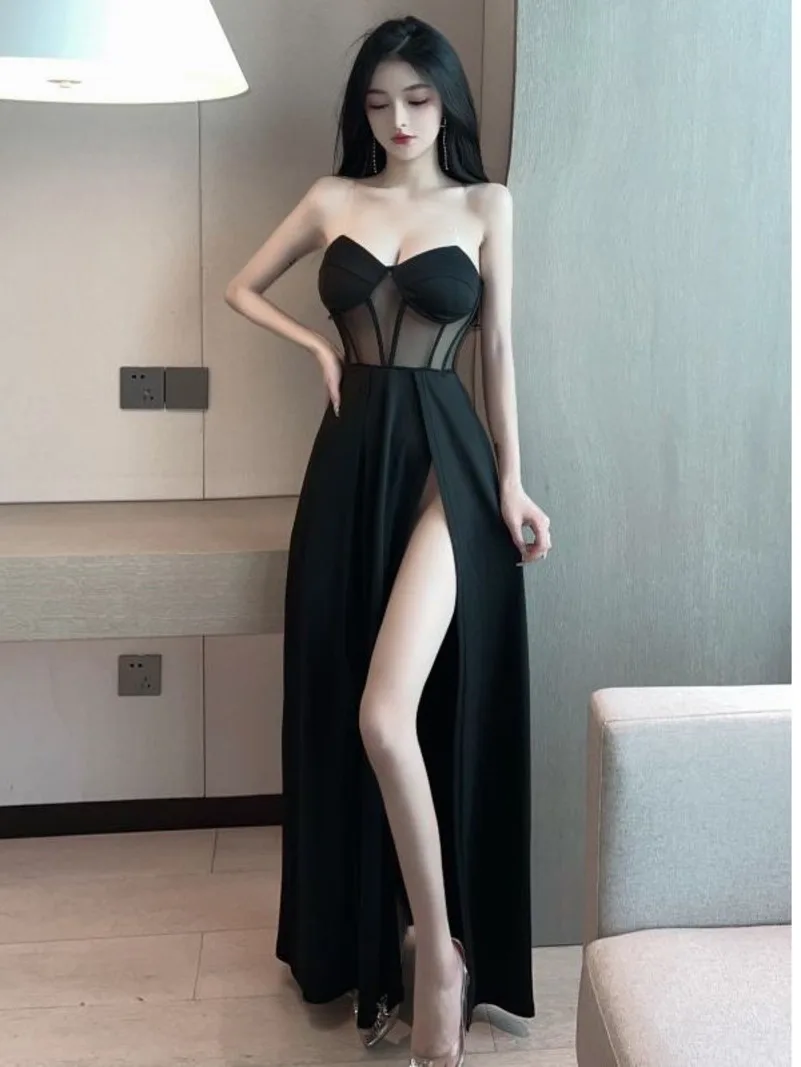 2023 Summer Women's New Sexy temperament Off Shoulder Chest wrapping Fashion Gauze Transparent Split Long ceremonial dress NDR0