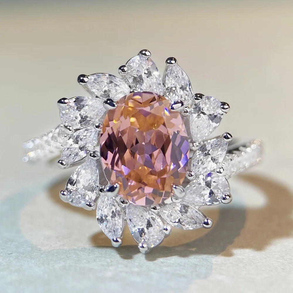 

S925 Silver European American Border Color Treasure Zircon Flower Silver Ring Will Not Fade