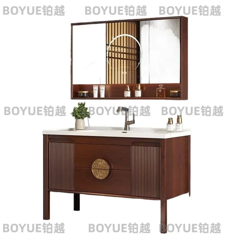 for New Chinese Style Ceramic Integrated Basin Bathroom Cabinet Ebony Floor to Ceiling Double Basin Vanity with Hand Wash