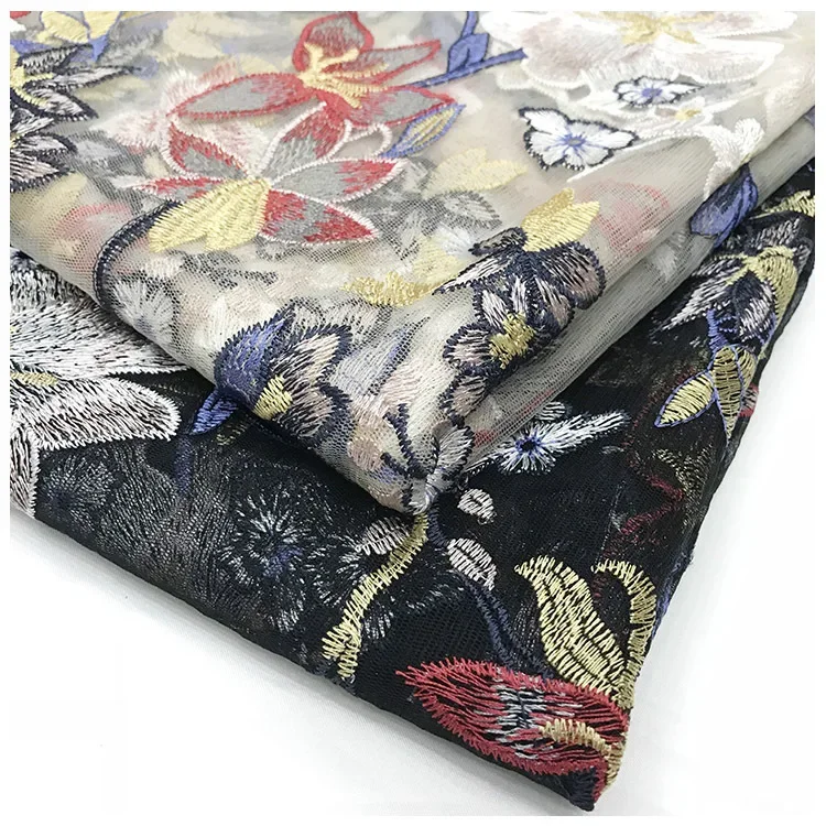 Tessuto di pizzo a rete ricamato multicolore largo 1 metro 130 cm Tessuto di tulle per abiti da donna alla moda fai da te