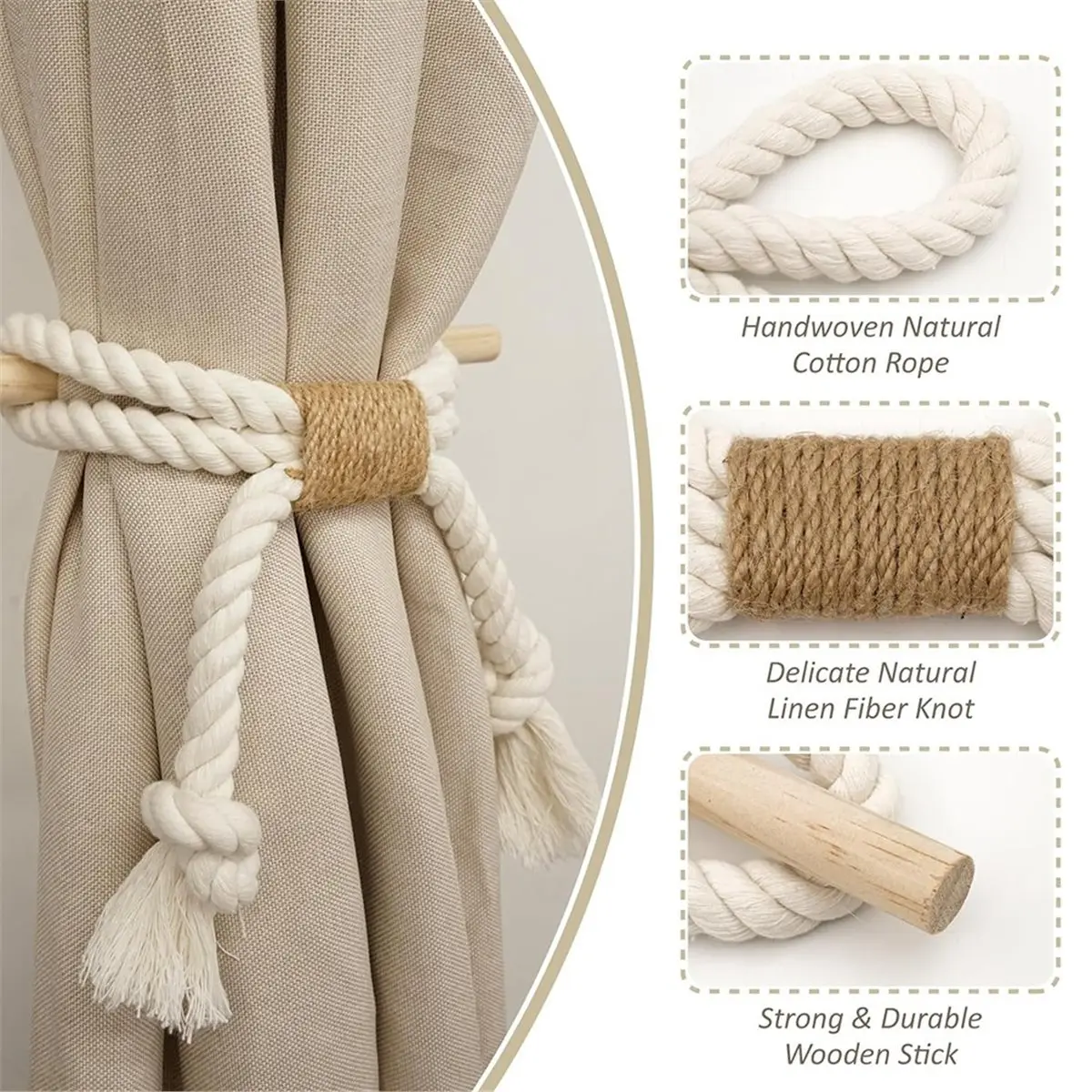 Curtain Tie Backs, Natural Cotton Linen Rope Drapery Holdbacks Curtain Accessories for Rustic Home,No Drilling Install