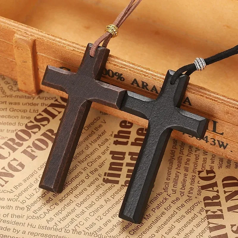 Fashion Cross Wooden Pendant Men's and Women's Necklace Black Brown Sweater Chain Rope Religious Neutral Jewelry Accessories