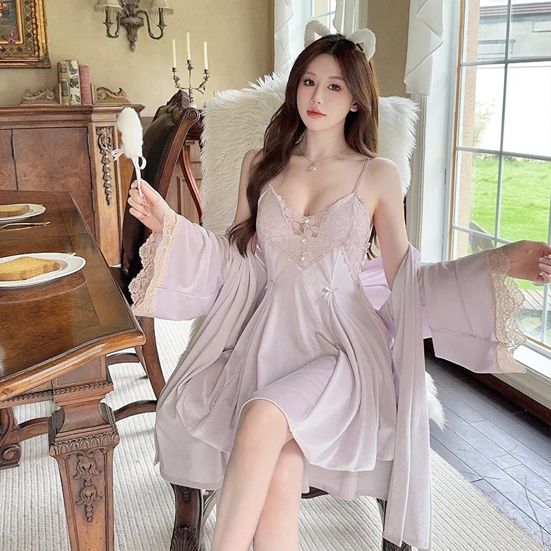 

Женский велюровый комплект Twinset: кимоно-халат с кружевом, домашняя одежда, осенне-зимняя велюровая пижама, ночная сорочка, одежда для дома и отдыха