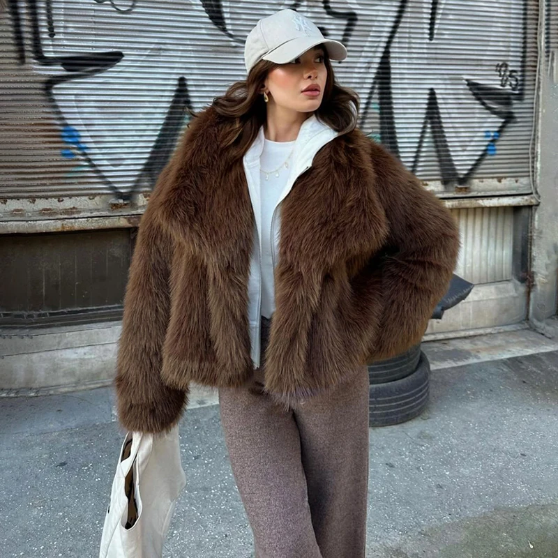 

Tornova Luxury Faux Fur Lapel Women's Coat Solid Long Sleeve Cropped Fluffy Fur Jacket Coat Winter Thicken Outerwear High Street