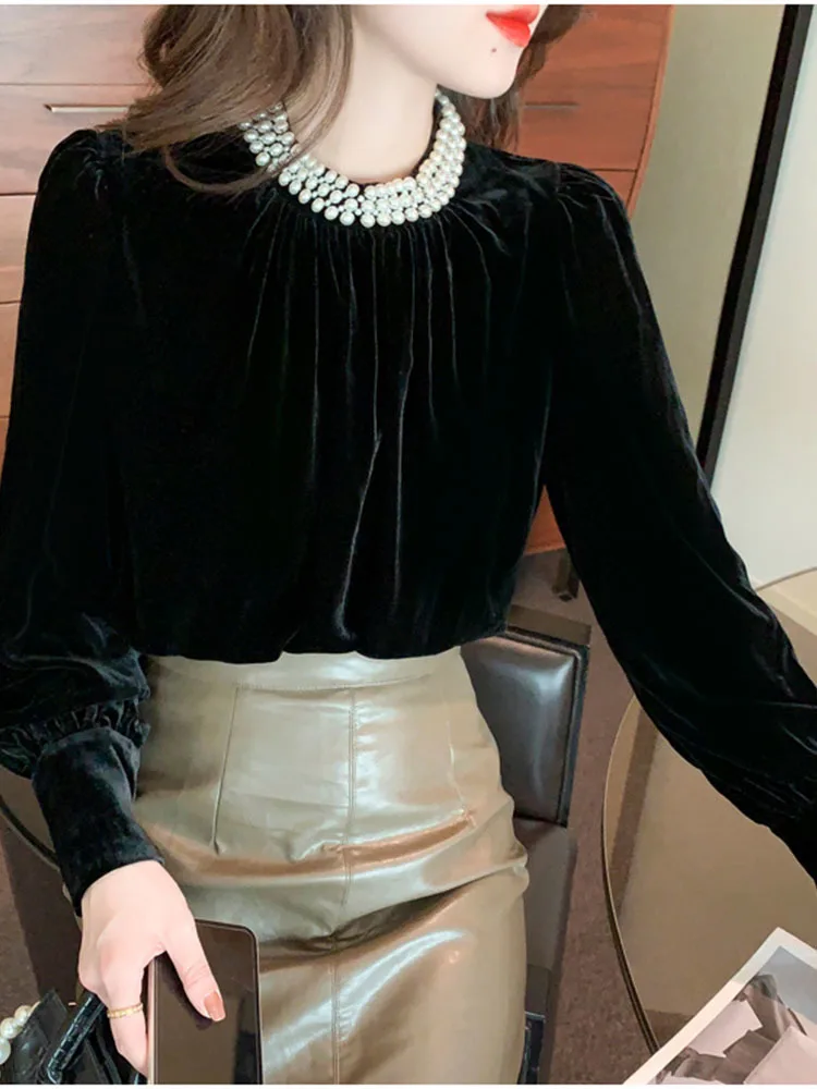 Vintage Velvet Beads Women Black Shirt Elegant Fashion Stand Collar Long Sleeve Blouses Loose Lady Blouse Autumn Winter